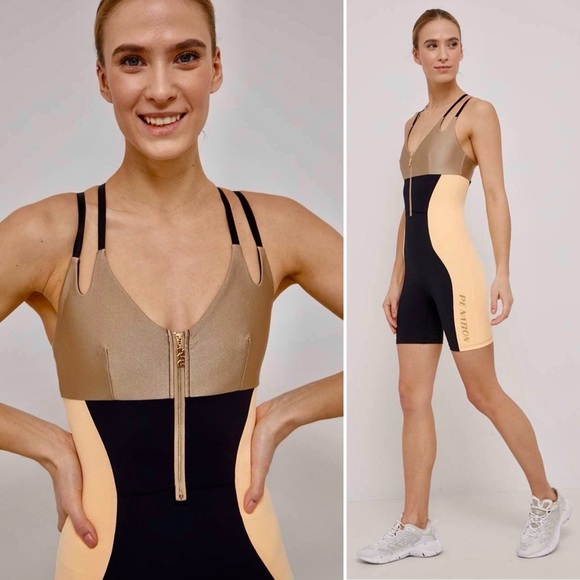 PE Nation Downswing Bodysuit Romper Small Hourglass Design, Black Gold One-Piece - Picture 2 of 12